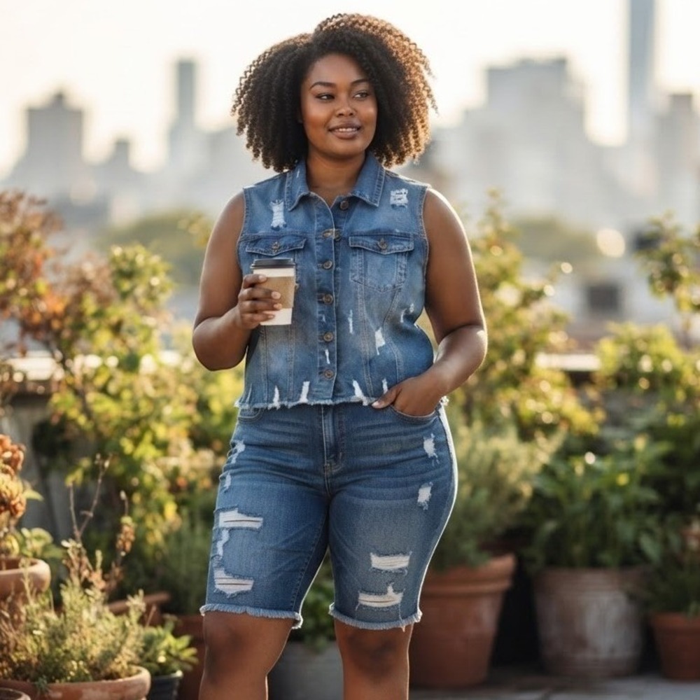 Ashley Stewart NWT Distressed Denim 2-Piece Set - Vest (10/12) & Shorts (14)
